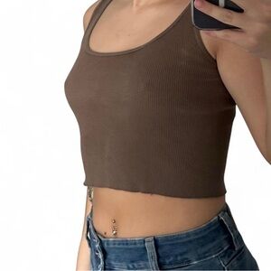 Brown Ribbed Crop Top